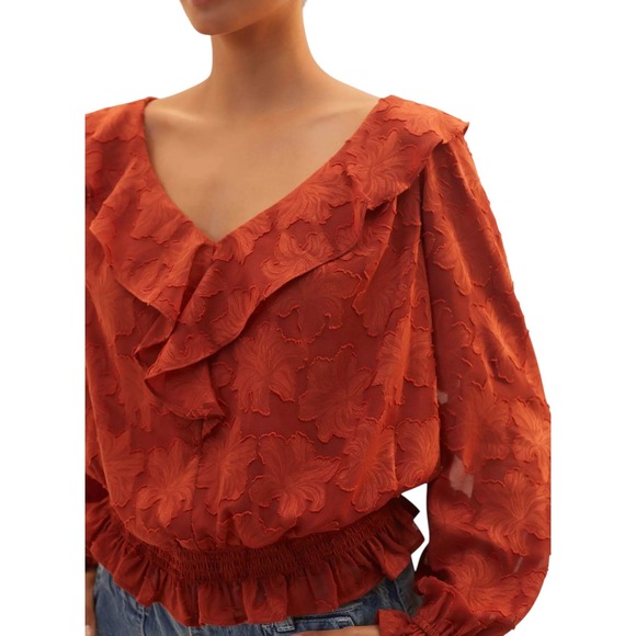 Anthropologie Tops - Anthropologie Textured Floral Blouse Burnt Orange Rust Jacquard Boho Fall XXSP